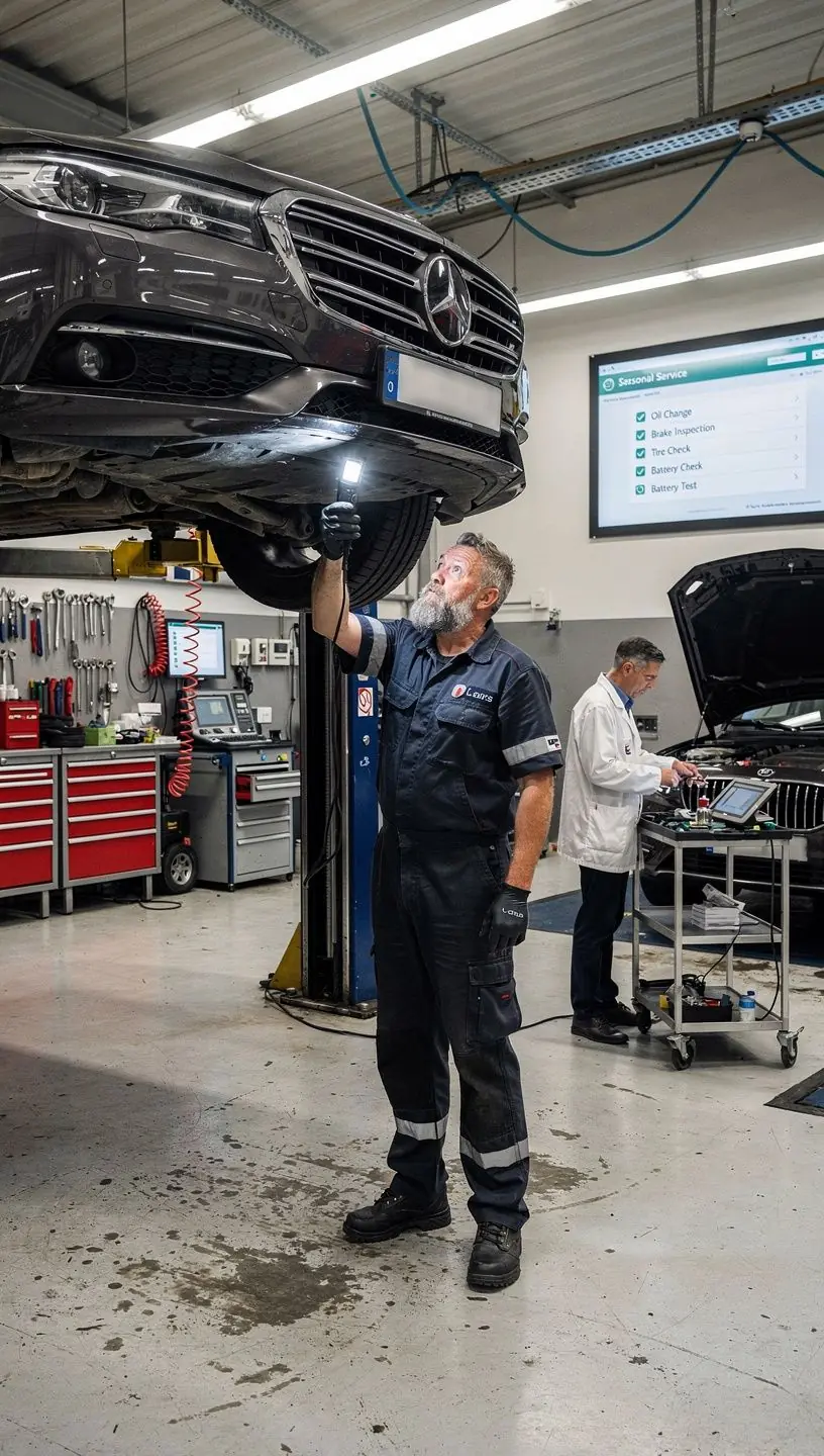 Lokal ansässige Autowerkstatt mit professioneller Ausstattung und Team bei der Durchführung einer umfassenden Fahrzeuginspektion.