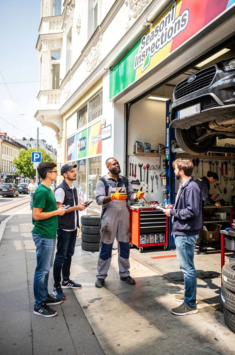 Fahrzeuginspektion durch einen Experten, der Scheinwerfer und Beleuchtungssysteme für optimale Sichtbarkeit überprüft.